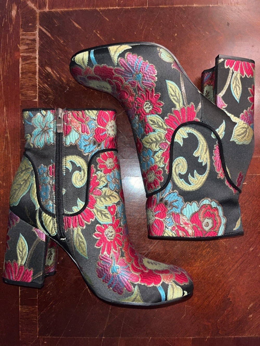 Marc Fisher Black Ankle Boots with Red Floral Embroidery - Picture 3 of 10